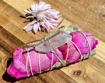 Pink Rose Crystal with White Sage