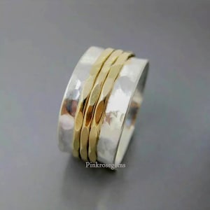 Sterling Silver Three Tone Spinner Ring: Hammered Boho Fidget Ring