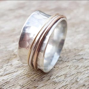 925 Sterling Silver Three-Tone Spinner Ring: Hammered Boho Fidget Ring