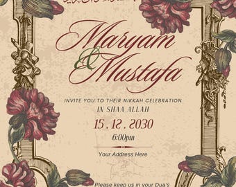 Vintage Nikkah Invitation | Old-Style Muslim Wedding Digital Card | Islamic Wedding E-Invite | Editable Canva Template | Instant Download