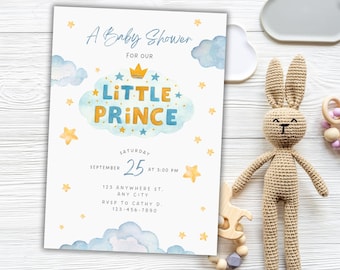 Little Prince Baby Shower Invitation | Digital Birthday Party Invite | Le Petit Prince Boy 1st Birthday Party Supplies | Editable Printable
