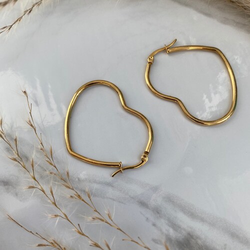 14K Gold Plated Heart Hoop Minimalist Earrings / Gifts for Her | Etsy UK