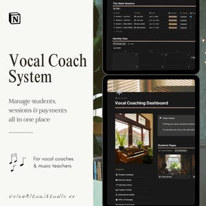 Peut inclure: Une interface numérique pour les coachs vocaux et les professeurs de musique, avec le texte "Vocal Coach System". L'interface gère les étudiants, les sessions et les paiements. L'écran affiche les détails des sessions, une vue mensuelle et un tableau de bord de coaching vocal.