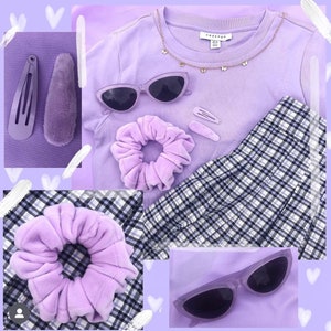 May include: A collage of purple and white accessories, including a purple t-shirt with a butterfly necklace, a plaid skirt, two purple scrunchies, and two pairs of purple sunglasses.