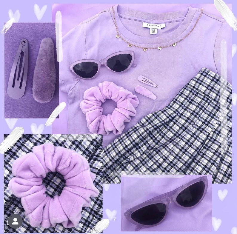 May include: A collage of purple and white accessories, including a purple t-shirt with a butterfly necklace, a plaid skirt, two purple scrunchies, and two pairs of purple sunglasses.