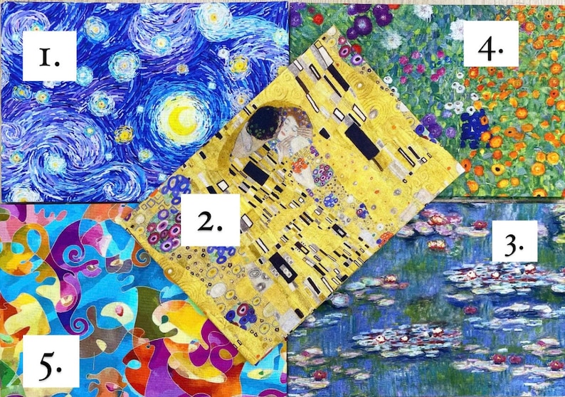 K&ouml;nnte beinhalten: F&uuml;nf Stoffquadrate mit verschiedenen k&uuml;nstlerischen Designs. Dazu geh&ouml;ren eine Sternennacht, ein ber&uuml;hmtes Gem&auml;lde, florale Muster und abstrakte Kunst. Die Stoffe sind farbenfroh und eignen sich f&uuml;r verschiedene Projekte.