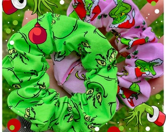 The Grinch themed Christmas scrunchies/hair ties