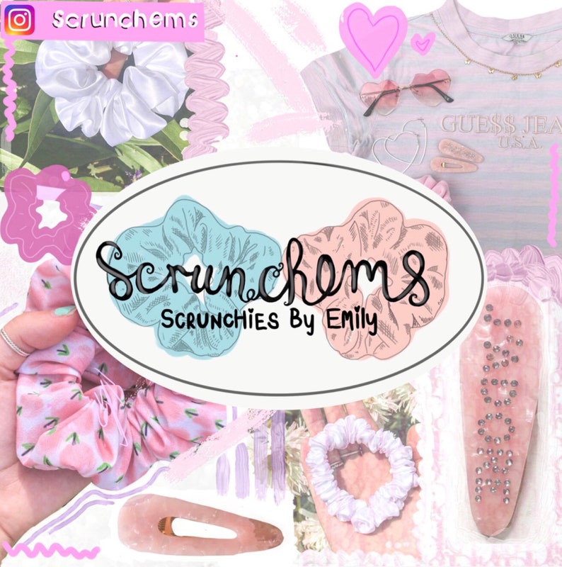 May include: A collection of colorful scrunchies and hair clips. The scrunchies are made of satin and have a variety of patterns. The hair clips are made of metal and have a variety of designs. The image also includes a logo for a business called "Scrunchems Scrunchies By Emily".