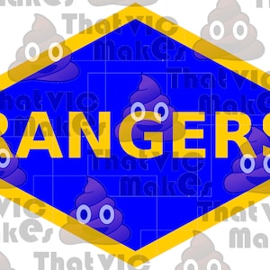 May include: A blue diamond with a yellow border, the word "RANGERS" in yellow letters.