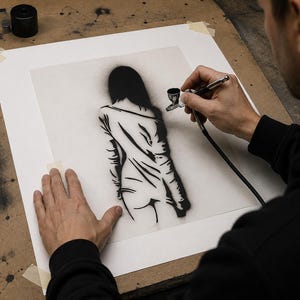 May include: A black airbrushed stencil illustration on white paper depicting the silhouette of a person seen from behind, wearing a loose-fitting top. The artwork features high-contrast shading and clean lines created with an airbrush tool.