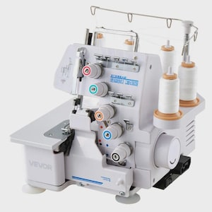 May include: A white serger sewing machine with multiple thread spools. The machine has various colored dials and the text "8 THREAD OVERLOCK MACHINE" in blue. The brand name "VEVOR" is visible on the side. The machine is designed for sewing and overlocking fabric edges.