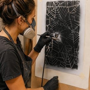 May include: A rectangular stencil featuring a complex, repeating spider web pattern is being used to apply black paint onto a surface with an airbrush tool. The design consists of interconnected geometric web segments, creating a high-contrast visual effect.