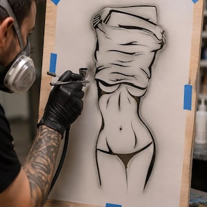 May include: A black and white airbrushed illustration on a rectangular board featuring a stylised figure pulling a shirt over their head. The artwork uses bold black lines and soft shading to define the torso, waist, and hips of the figure.