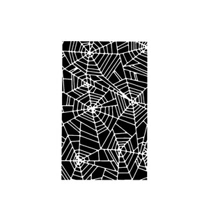 May include: A rectangular stencil featuring a repeating black and white graphic pattern of overlapping spider webs. The design consists of multiple interconnected web segments with varying geometric shapes and lines, creating a dense, intricate motif.
