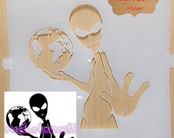 Alien stencil with globe Airbrush art stencil artists alien template ET extra-terrestrial available in 7 sizes Mylar ships worldwide.
