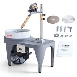 May include: A gray VEVOR gem faceting machine with a white basin, a gold-colored arm, and a silver stand. The machine includes two grinding wheels, various hardware, and a user manual. The ON/OFF switch is visible on the side.