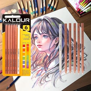 May include: A set of six coloured pencils, including a colourless blender and a colourless burnisher, packaged in a clear plastic sleeve with a white label that reads "KALOUR Painting & Drawing Art Supplies". The pencils are arranged in a row, with the colourless blender and burnisher at either end. The label also includes a colour chart showing the before and after effects of using the pencils.