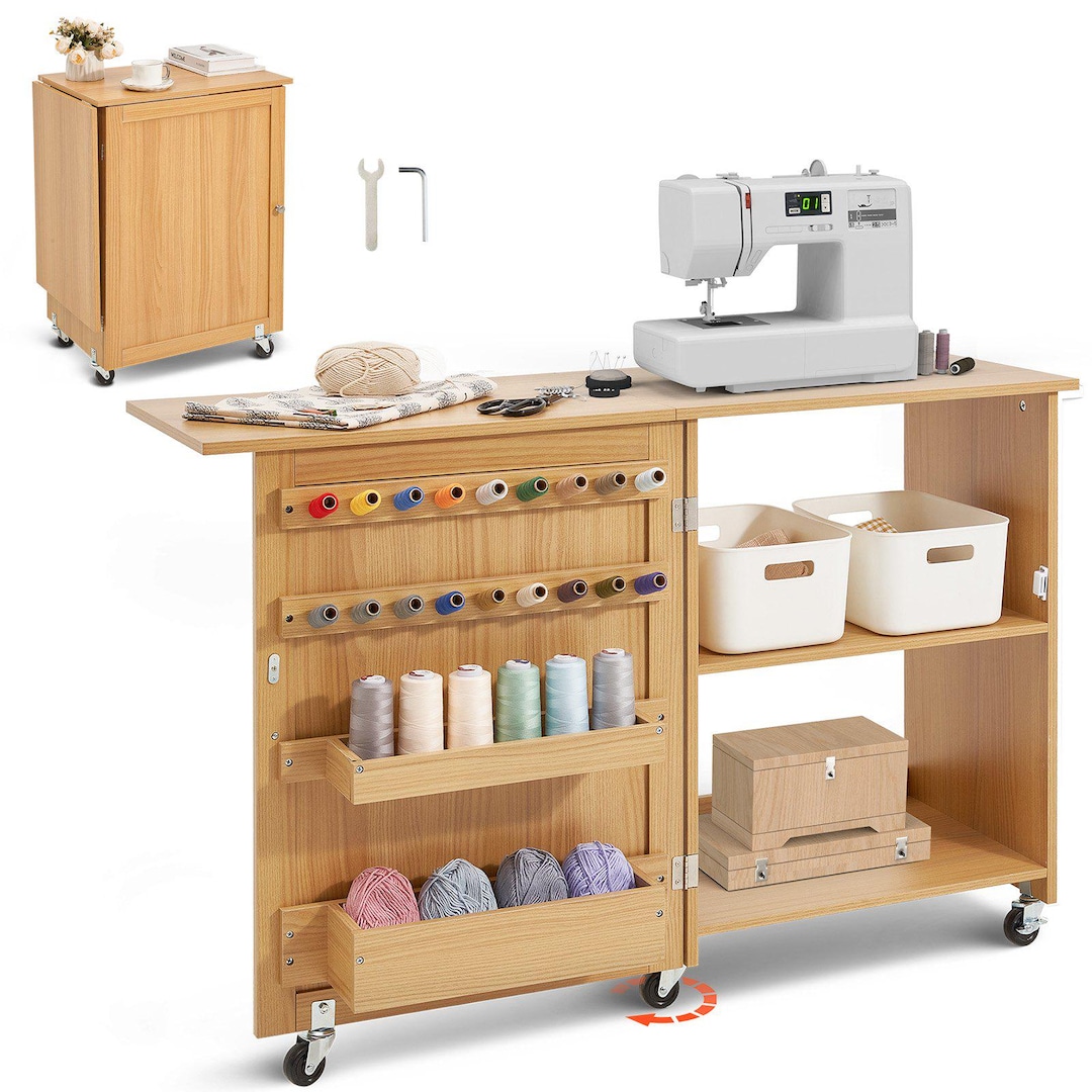 Folding Sewing Table With Lockable Wheels Storage Shelves Trays