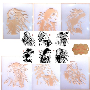May include: A collection of six laser-cut Mylar stencils featuring portraits of individuals wearing feathered headdresses. The designs are labeled A through F in black ink. A small brown tag with the text Durable LASER CUT Mylar is included.
