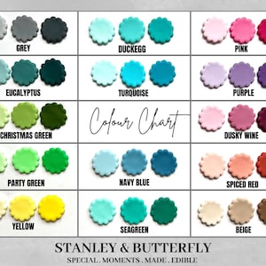 Op de afbeelding: Kleurenkaart met 18 verschillende kleuren fondantglazuur. De kleuren zijn gerangschikt in een raster met drie rijen en zes kolommen. De kleuren omvatten grijs, eendenei, roze, eucalyptus, turquoise, paars, kerstgroen, donker wijn, feestgroen, marineblauw, gekruid rood, geel, zeegroen en beige.