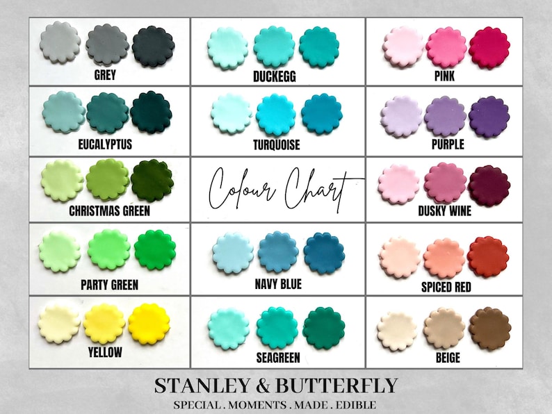 Op de afbeelding: Kleurenkaart met 18 verschillende kleuren fondantglazuur. De kleuren zijn gerangschikt in een raster met drie rijen en zes kolommen. De kleuren omvatten grijs, eendenei, roze, eucalyptus, turquoise, paars, kerstgroen, donker wijn, feestgroen, marineblauw, gekruid rood, geel, zeegroen en beige.
