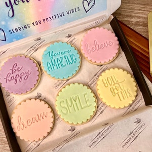 May include: A box of six decorated sugar cookies with positive messages. The cookies are decorated with pastel-coloured icing and have messages such as "be happy", "you are amazing", "believe", "smile", "dream", and "you got this".