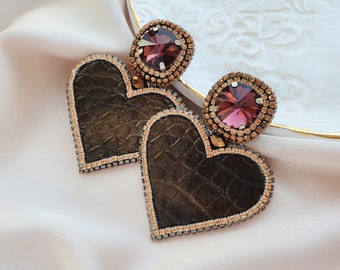 Heart shaped earrings - Brown earrings - Crystal earrings - Funky earrings - Y2K earrings - Birthday gift
