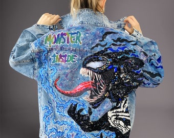 Custom Embroidered jacket "ALIEN". Gothic jacket. Custom Handpainted clothing. Oversized embellished jacket. Punk jacket. Painted denim.