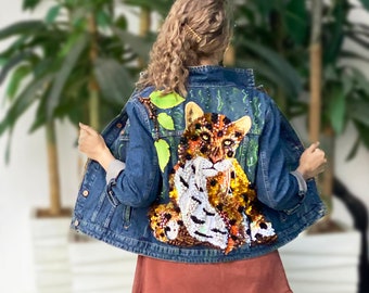 Custom denim jacket "LEOPARD", Embroidered jean jacket, Girl jean jacket, Boho jacket women, Denim jacket, Unique embroidery, art clothing