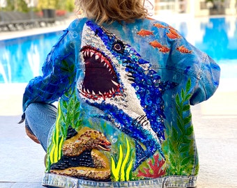 Hand Embroidered jacket "SHARK". Gothic jacket. Custom Handpainted clothing. Oversized embellished denim jacket. Punk jacket. Painted denim.