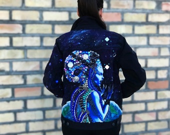 Embroidered denim jacket "THE FIFTH ELEMENT". Custom Handpainted clothing. Oversized embellished jean jacket, black jacket.Boho denim jacket