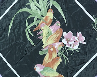Parrots Flowers Leaves Black All Over Print 1990's Scarf