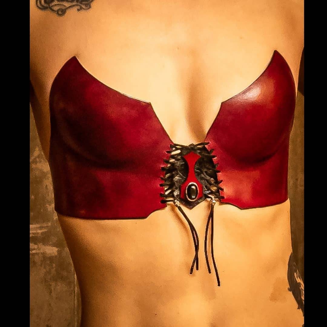 Red Molded Leather Bra Top. 