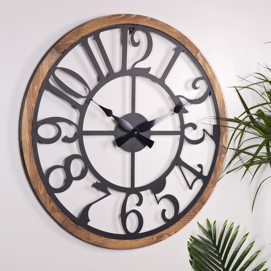 Wood Framed Black Metal Wall Clock Rustic Deailed Clock Model Etsy