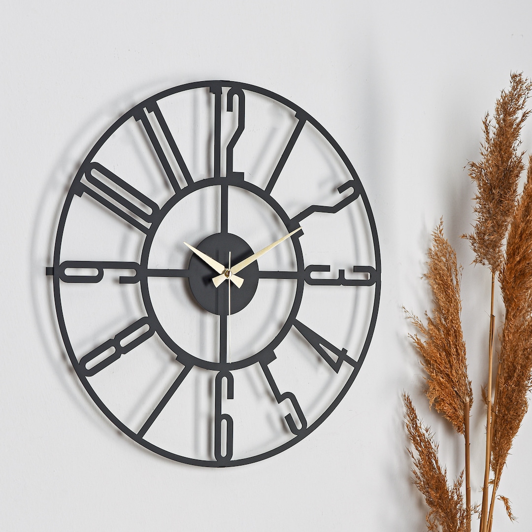 Black Metal Wall Clocks With Modern Big Numerals Elegant Etsy