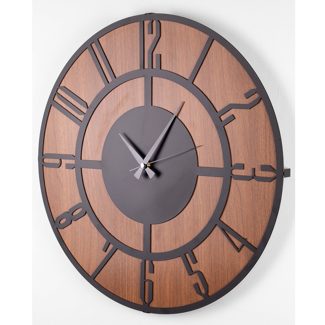 Rustic Style Wall Clock Black Metal Wall Clock With Wooden Etsy