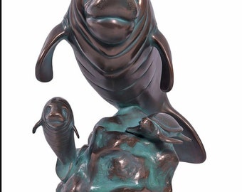 Large Manatee and turtle Fountain Verde Bronze finish 29"H