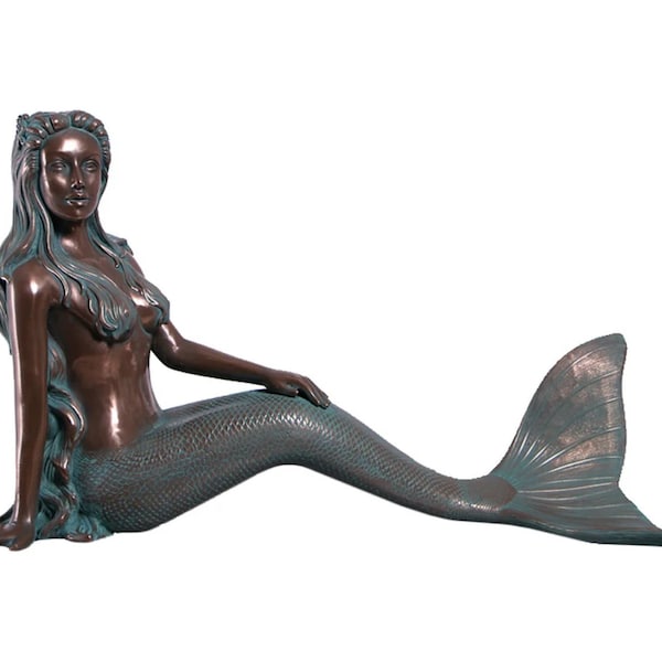 Nerissa by the Sea Mermaid Large Sculpture Verde Bronze Finish 30″