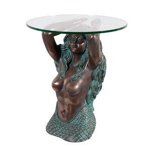 Large Mermaid end table bronze finish with glass top