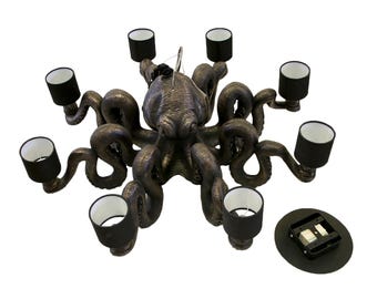 Octopus Chandelier, Hand Rubbed Dark Imperial Bronze Metal Finish with 8 Shades 38" Dia.