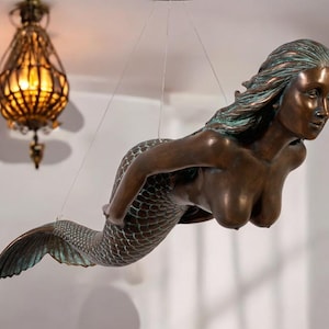 Large 48"L Swimming Mermaid Large Hanging Sculpture With Optional Shell Bra Verde Bronze
