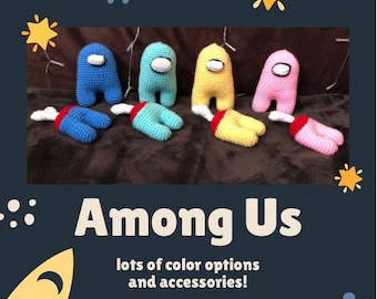May include: Four crocheted Among Us characters in blue, turquoise, yellow, and pink. The characters are lying on a brown surface. The text "Among Us" is written in white letters on a dark blue background. The text "lots of color options and accessories!" is written in white letters on a dark blue background. The text "@CROCHELLABYN" is written in white letters on a dark blue background.
