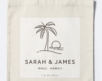 Bolsa de tela personalizada para bodas en destinos tropicales / Detalle tropical