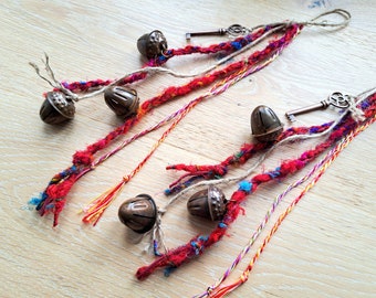 Lucky Windchime with ACORN shaped bells and skeleton key for good luck and health, Witch bells Jingle bell Mobile with sari silk and tassels