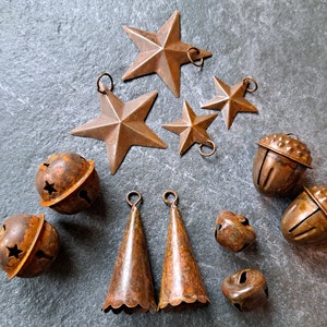 Set of 12 mixed rusty rustic Bells and Stars for Craft projects made from tin, Vintage Barn Antique Primitives Ornaments DIY art mixed image 1