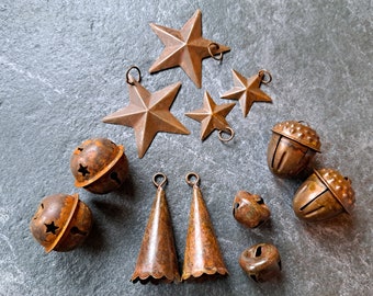 Set of 12 mixed rusty rustic Bells and Stars for Craft projects made from tin, Vintage Barn Antique Primitives Ornaments DIY art mixed