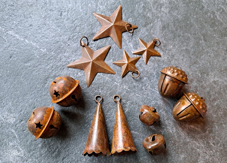 Set of 12 mixed rusty rustic Bells and Stars for Craft projects made from tin, Vintage Barn Antique Primitives Ornaments DIY art mixed image 1