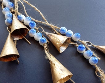 Witch Bells door hanger with blue crackle beads, Door Bells, Pet Bells, 6 Gold Rustic Bells on a sisal hemp Twine, protection boho bells,