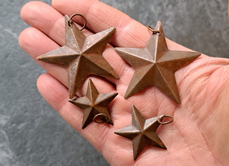 Set of 12 mixed rusty rustic Bells and Stars for Craft projects made from tin, Vintage Barn Antique Primitives Ornaments DIY art mixed image 6