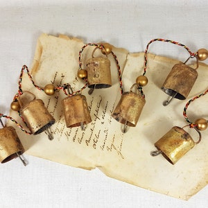 Garland Windchime with gold wooden beads and vintage gold cow Bells, door hanger, fireplace ethnic boho, Fantasy bells on a string, hippie